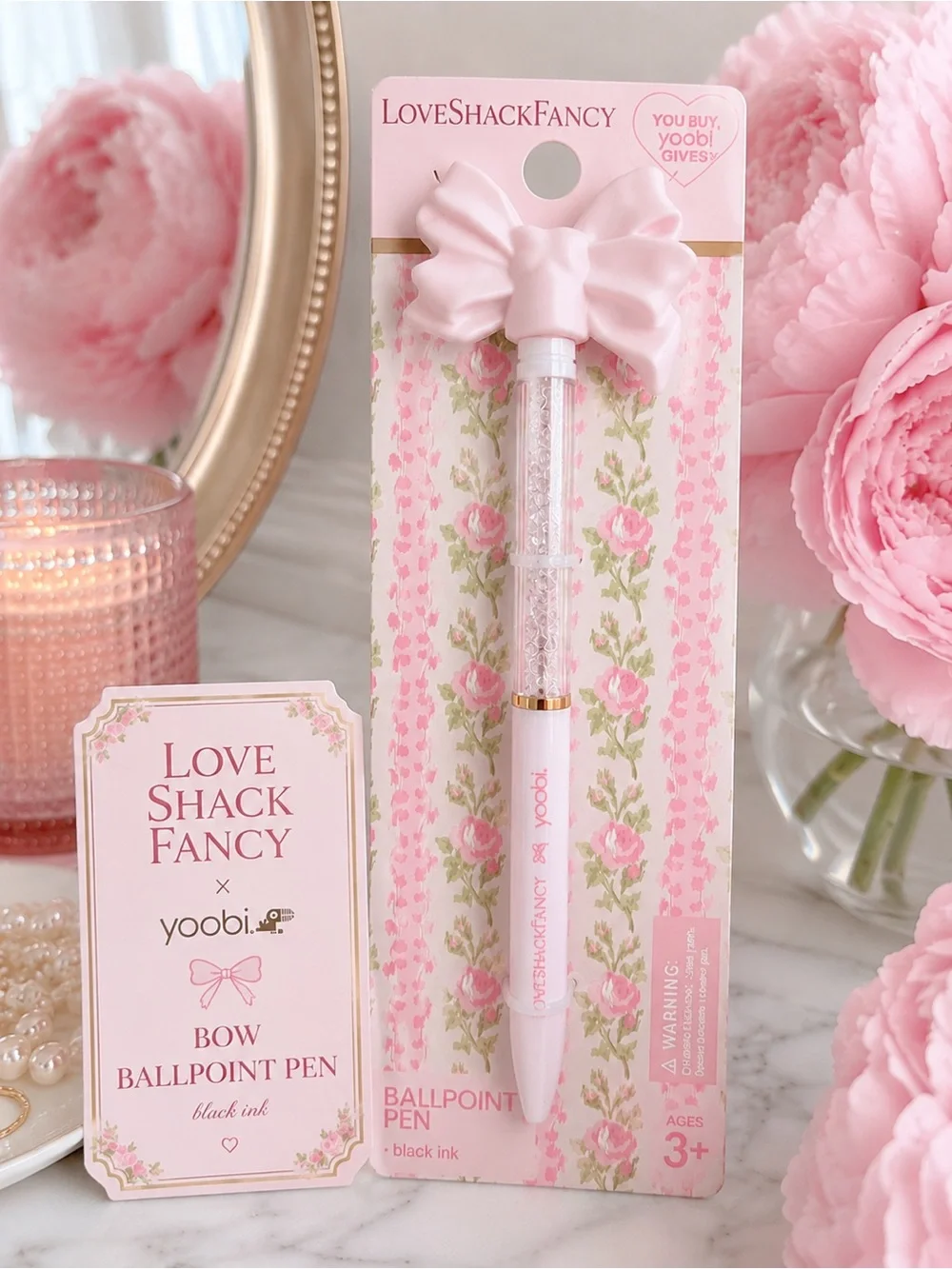 LoveShackFancy x Yoobi Crystal Bow Ballpoint Pen Floral Stationery NWT